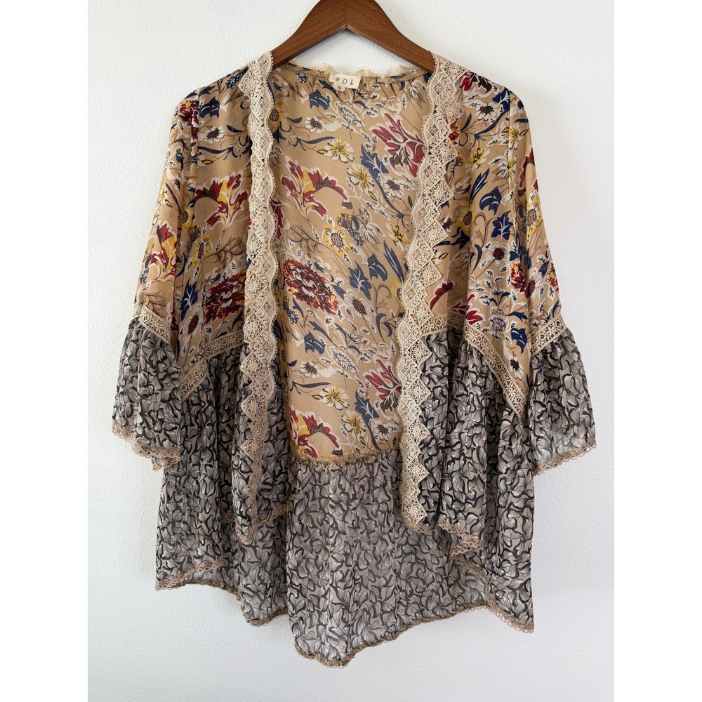 POL Womens Floral Mixed Print Kimono Cardigan Lace Trim Bell Sleeve Tan Small - Picture 3 of 9